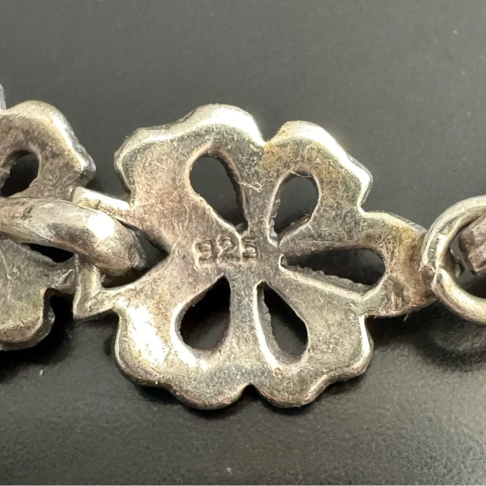 Vintage Sterling Silver Garnet and Marcasite Heart and Flowers Bracelet